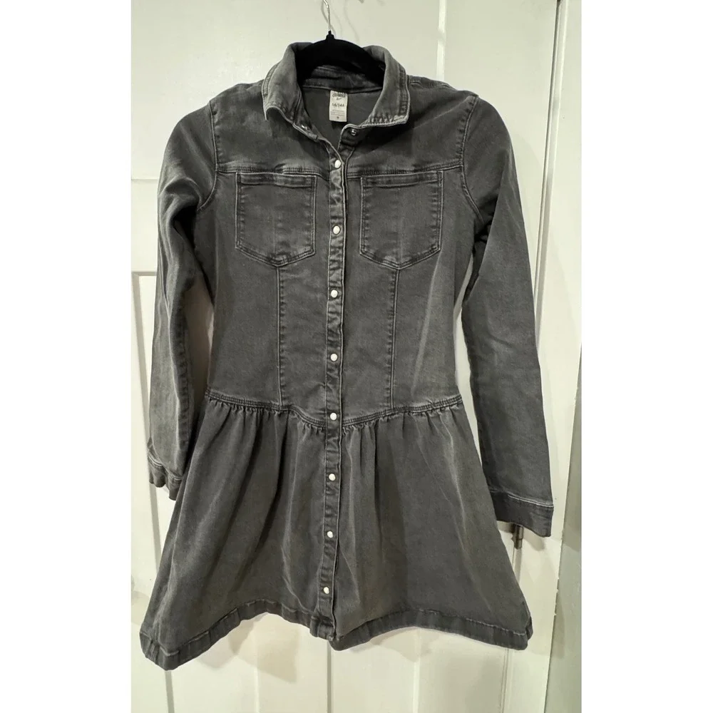 OshKosh Bgosh Girls Faded Black Denim Drop Waist Snap Front Dress Size 14
